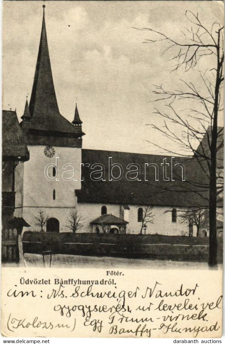 T2/T3 1915 Bánffyhunyad, Huedin; Fő Tér, Református Templom / Main Square, Calvinist Church (EK) - Ohne Zuordnung