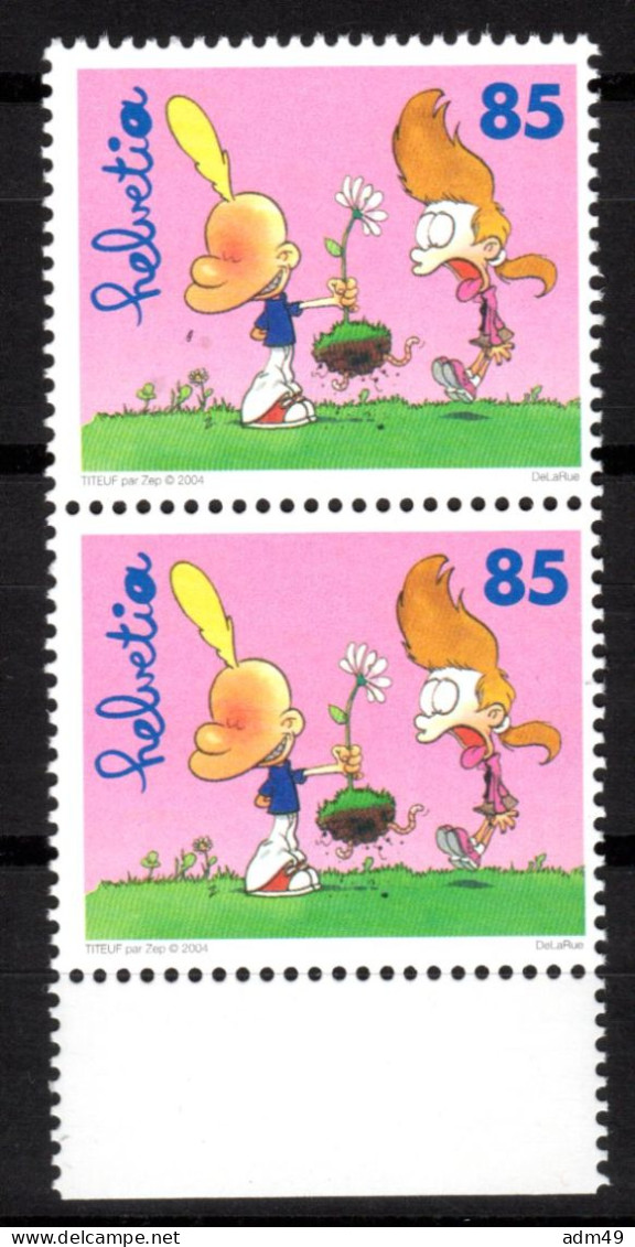 SCHWEIZ ABARTEN, 2004 85 Rp. Comics Titeuf, Bienchen über Blümchen, Randpaar Postfrisch ** - Variétés