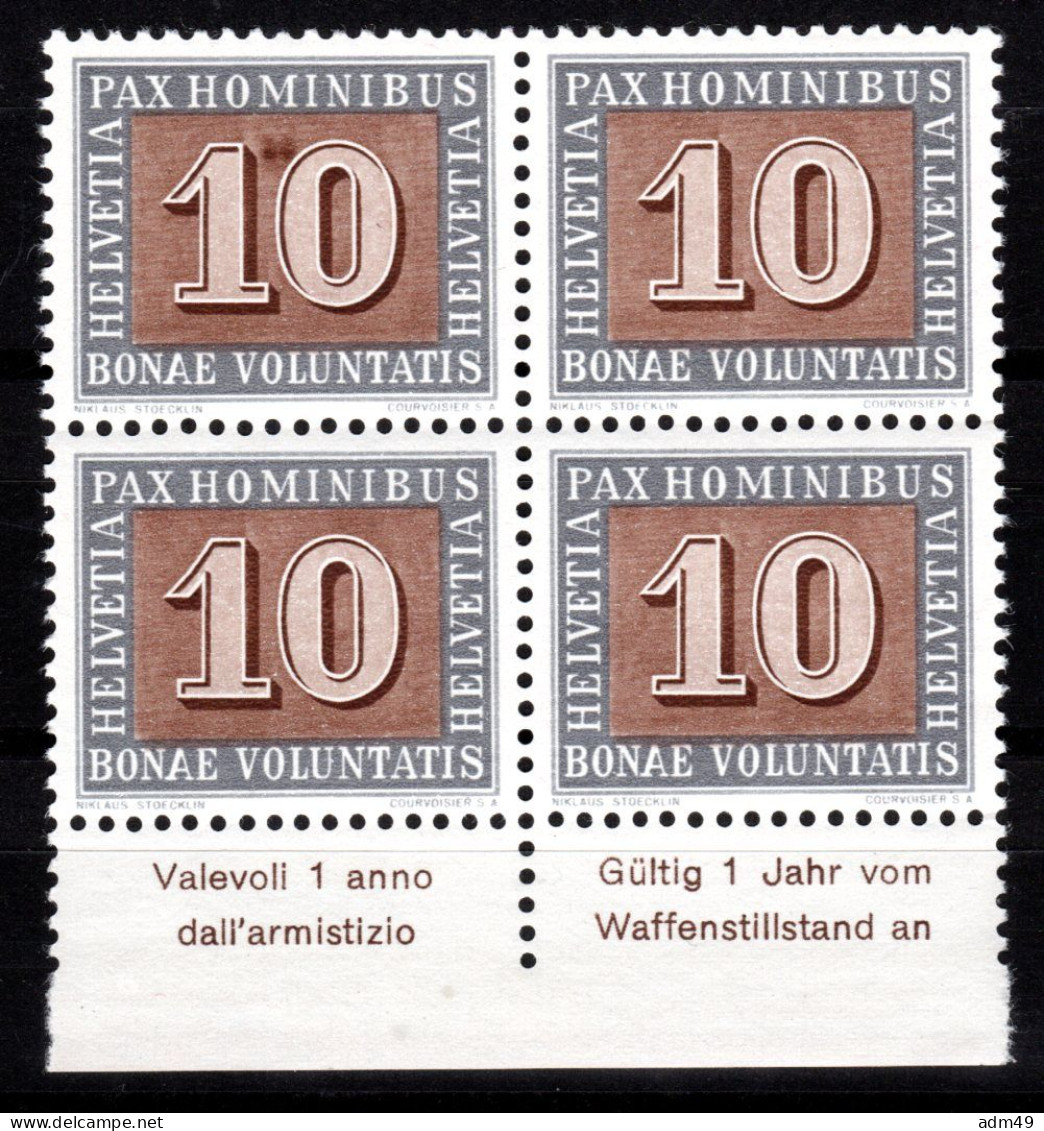 SCHWEIZ ABARTEN, 1945 10 Rp. PAX, Grosser Fleck In 10, Rand-Viererblock Postfrisch ** - Plaatfouten