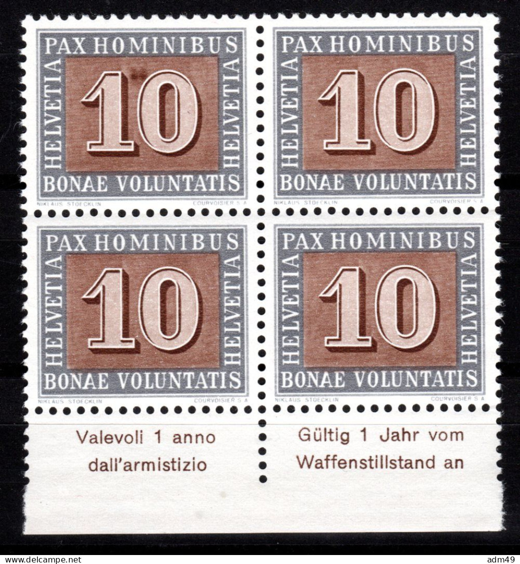 SCHWEIZ ABARTEN, 1945 10 Rp. PAX, Grosser Fleck In 10, Rand-Viererblock Postfrisch ** - Abarten