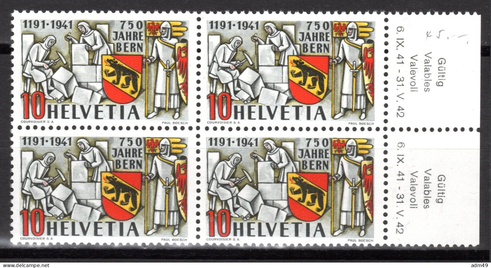 SCHWEIZ ABARTEN, 1941 10 Rp. 750 Jahre Stadt Bern, "Spinne" Auf Hammer, Rand-Viererblock Postfrisch ** - Varietà