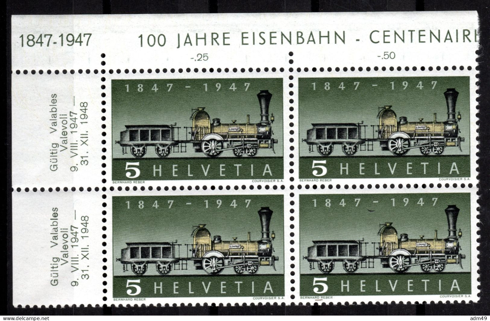 SCHWEIZ ABARTEN, 1947 Erste Dampflokomotive, Fehlende Speiche, Viererblock Ungebraucht * - Variétés