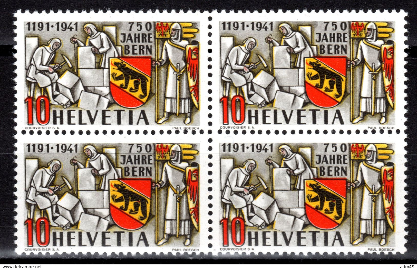 SCHWEIZ ABARTEN, 1941 10 Rp. 750 Jahre Stadt Bern, Orangegelb, Viererblock Postfrisch ** - Abarten