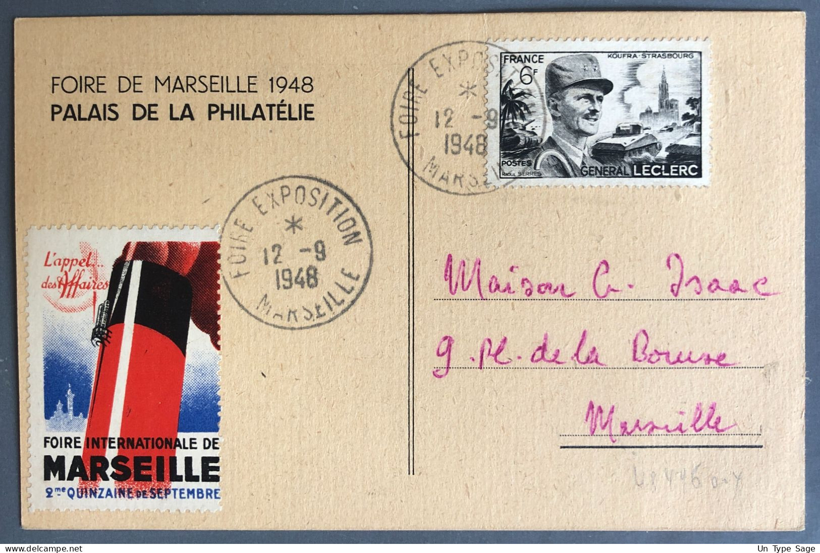 France, Divers Sur CPA TAD FOIRE EXPOSITION MARSEILLE 12.9.1948 + Vignette - (W1300) - Commemorative Postmarks