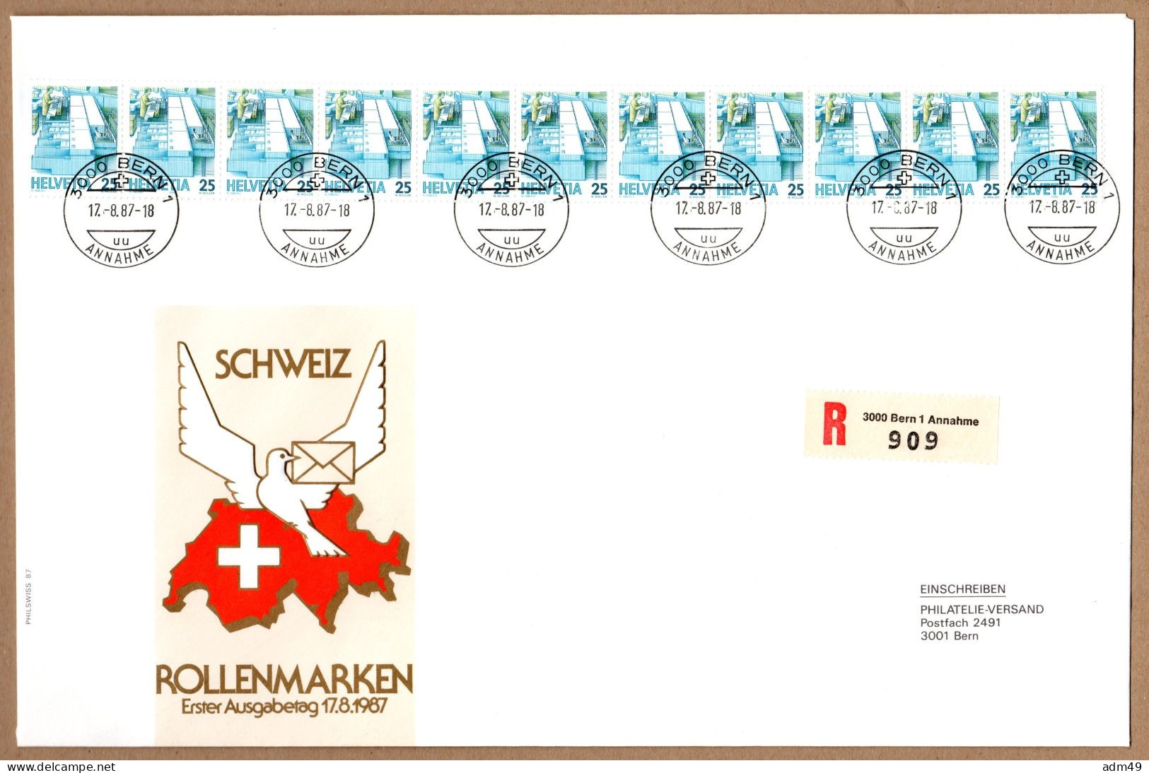 SCHWEIZ, 1987 Rollenmarken-FDC - Coil Stamps