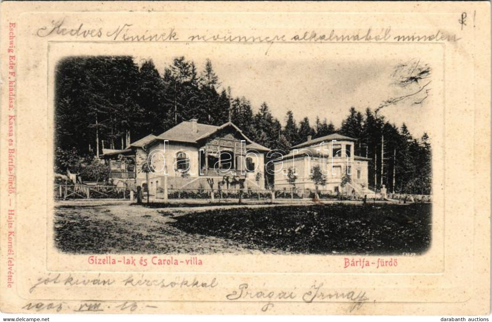 T2/T3 1905 Bártfa, Bártfafürdő, Bardejovské Kúpele, Bardiov, Bardejov; Gizella Lak és Carola Villa. Eschwig Ede F. Kiadá - Ohne Zuordnung