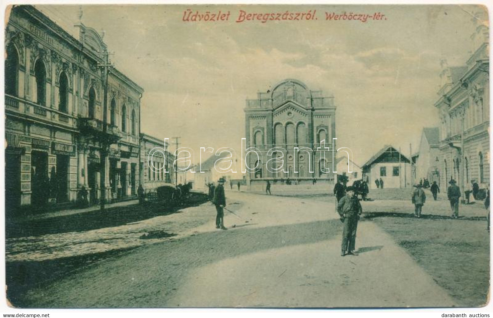 T3 1910 Beregszász, Beregovo, Berehove; Werbőczy Tér, Zsinagóga, Hitelintézet, Rozner Izidor, Hamburg Salamon és Izsák Ö - Ohne Zuordnung