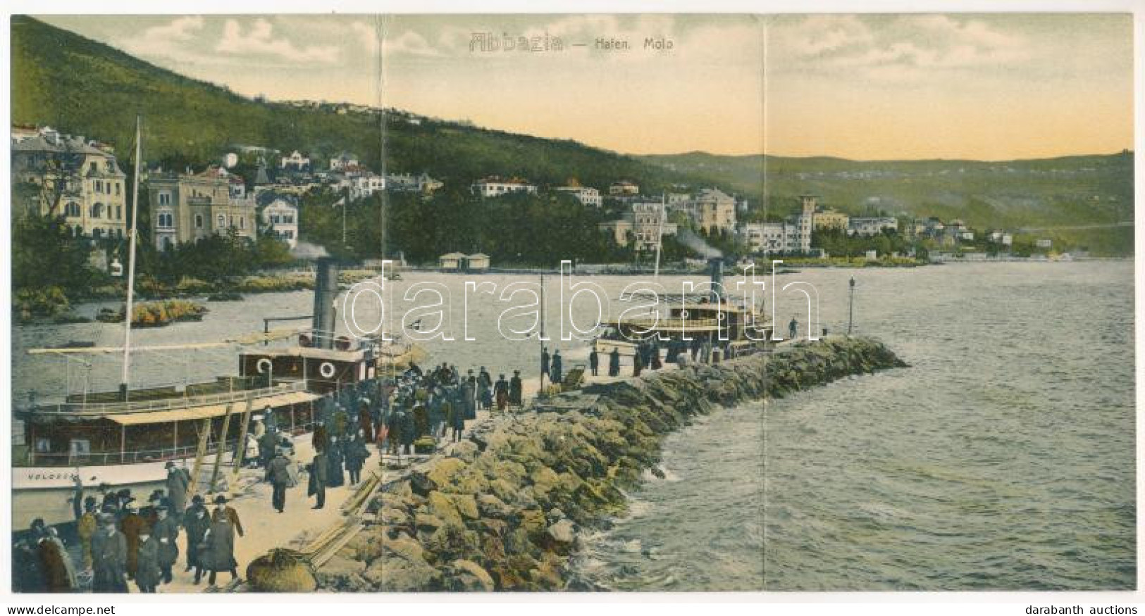 T2/T3 1907 Abbazia, Opatija; Hafen / Molo - 3-tiled Folding Panoramacard / Kikötő, "Volosca" Gőzös. 3-részes Kinyitható  - Zonder Classificatie