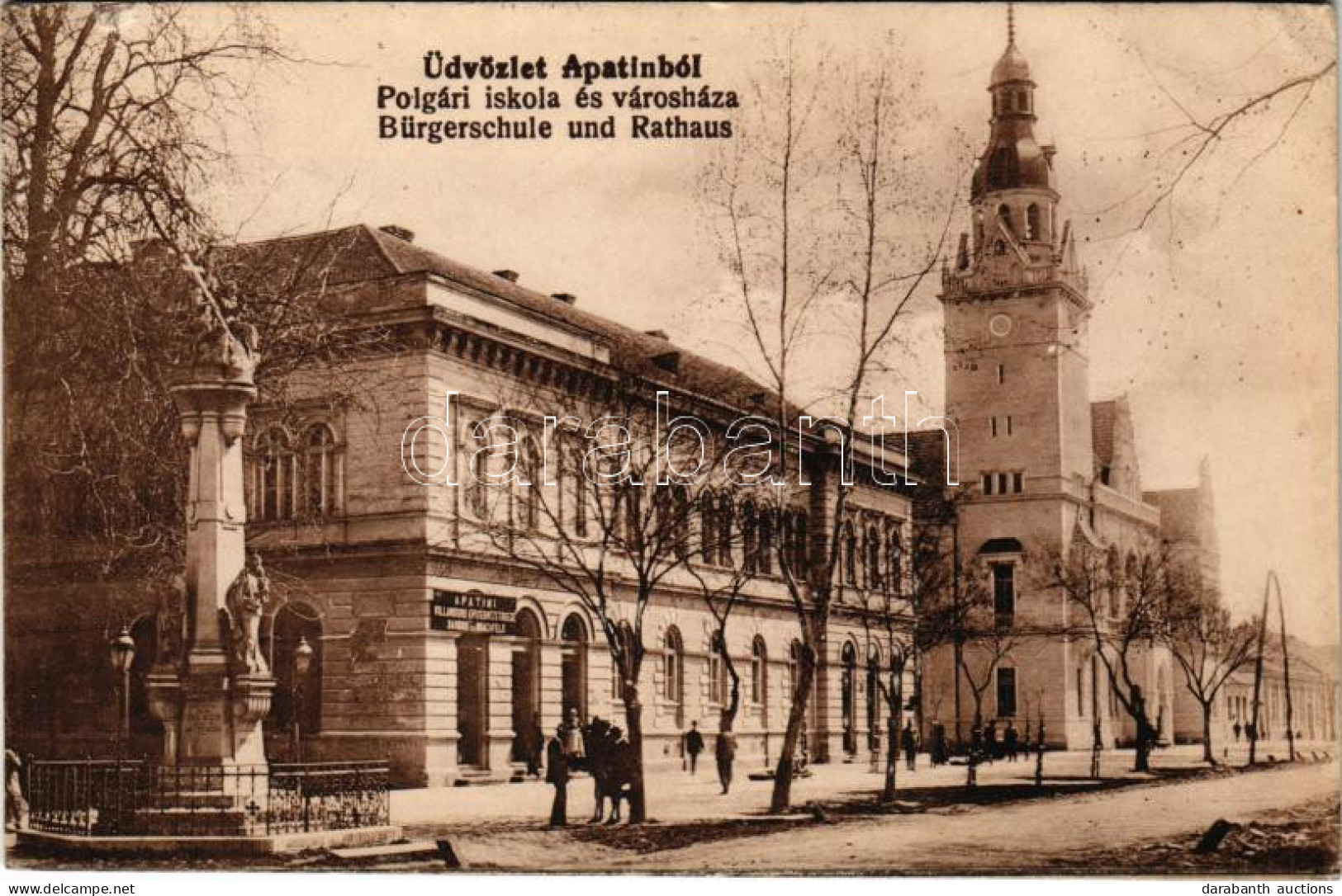 T2/T3 1917 Apatin, Polgári Iskola és Városház, Bárdos és Brachfeld Villamosmű építésvezetőség üzlete / School And Town H - Non Classificati