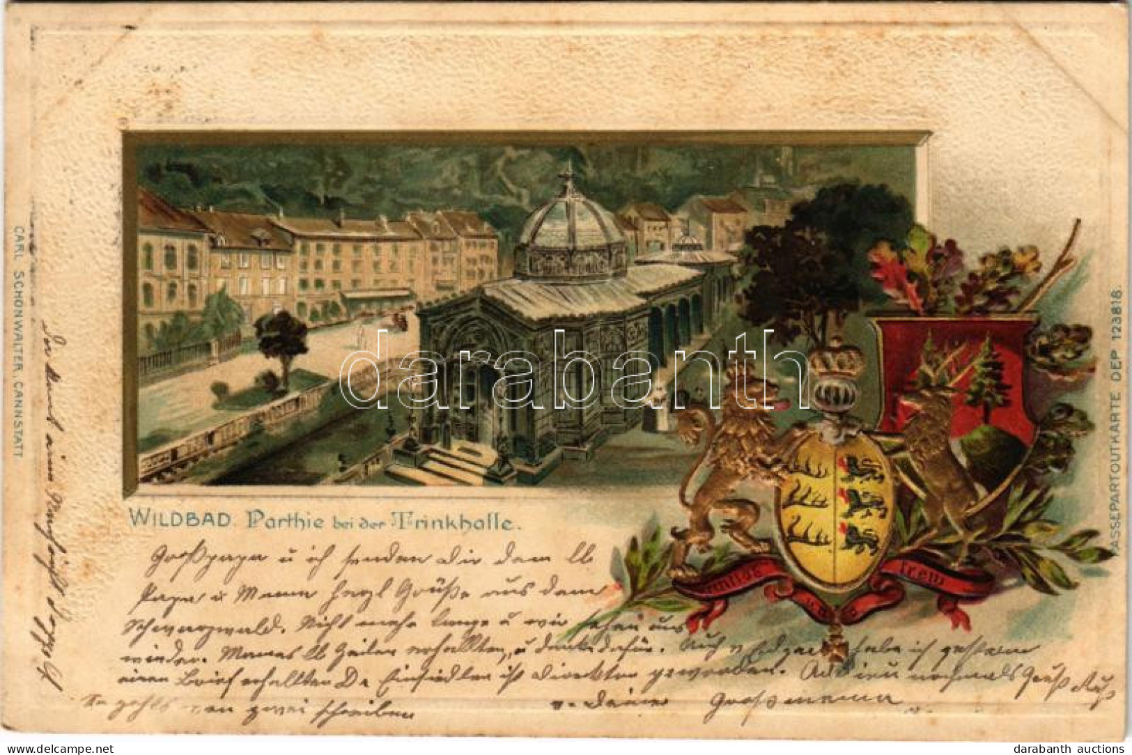 T2/T3 1901 Bad Wildbad, Partie Bei Der Trinkhalle. Passepartoutkarte Art Nouveau, Emb. Litho With Coat Of Arms (fl) - Ohne Zuordnung