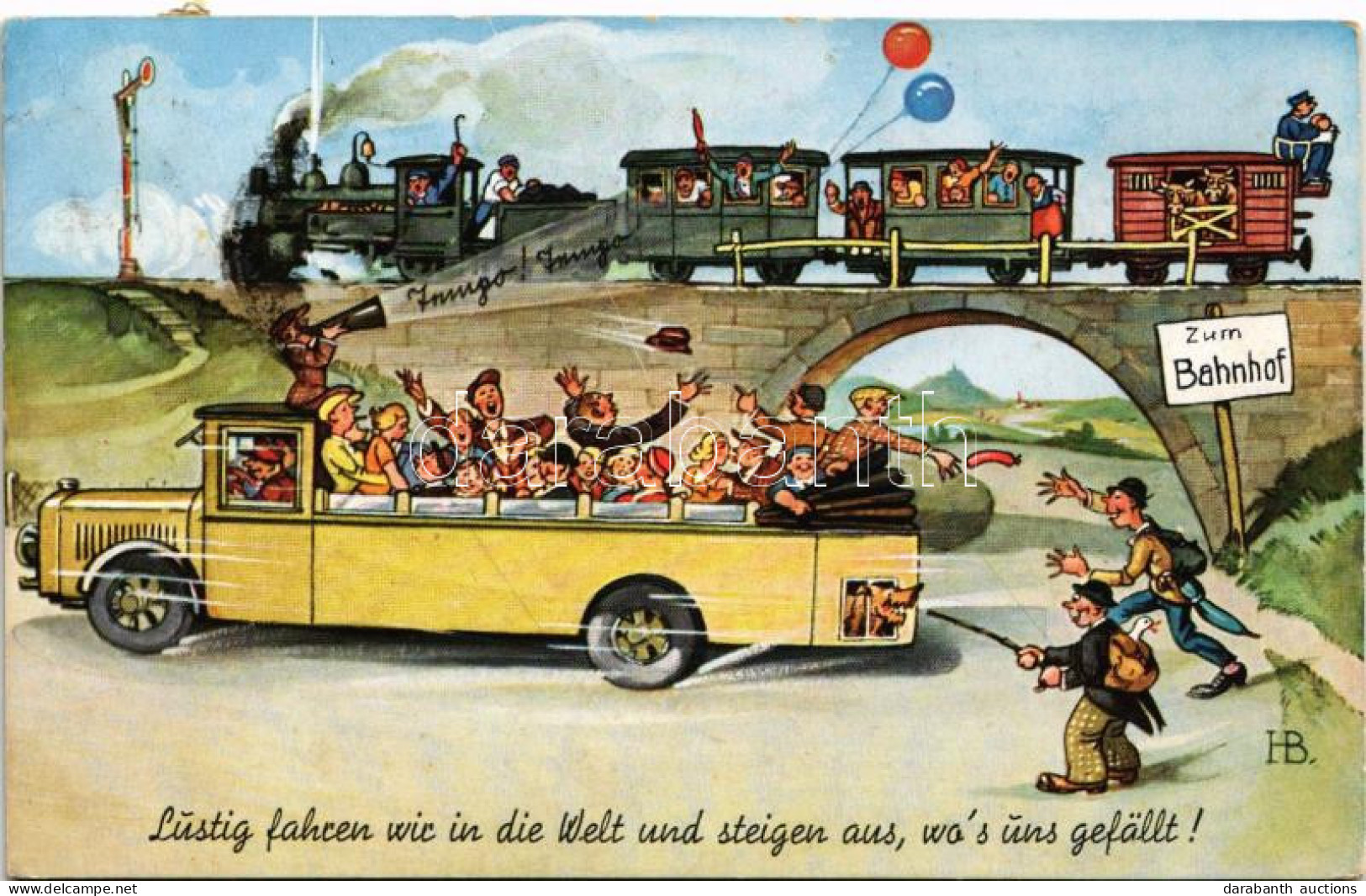 T2/T3 1939 Zum Bahnhof - Lustig Fahren Wir In Die Welt Und Steigen Aus, Wo's Uns Gefällt! / Autóbuszos és Vonatos Kiránd - Unclassified