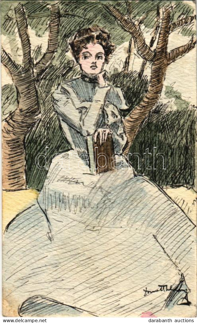 T2/T3 1914 Hölgy Könyvvel - Kézzel Rajzolt Képeslap / Lady With Book - Hand-drawn (EK) - Zonder Classificatie
