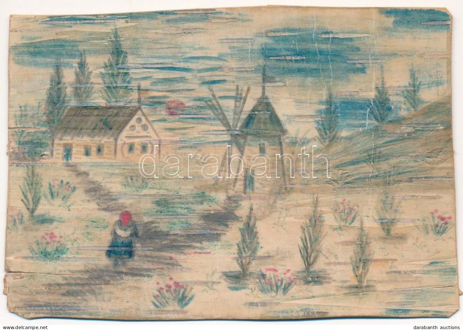 T4 Saját Kézzel Rajzolt Művészlap Szélmalommal Fakéregből / Hand-drawn Wooden Art Postcard With Windmill, Made Out Of Tr - Ohne Zuordnung