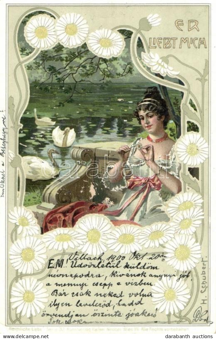 T2/T3 Er Lieabt Mich / Lady With Flowers, Rafael Neuber 'Heimliche Liebe' Serie 32., Floral Art Nouveau, Litho S: H. Sch - Zonder Classificatie