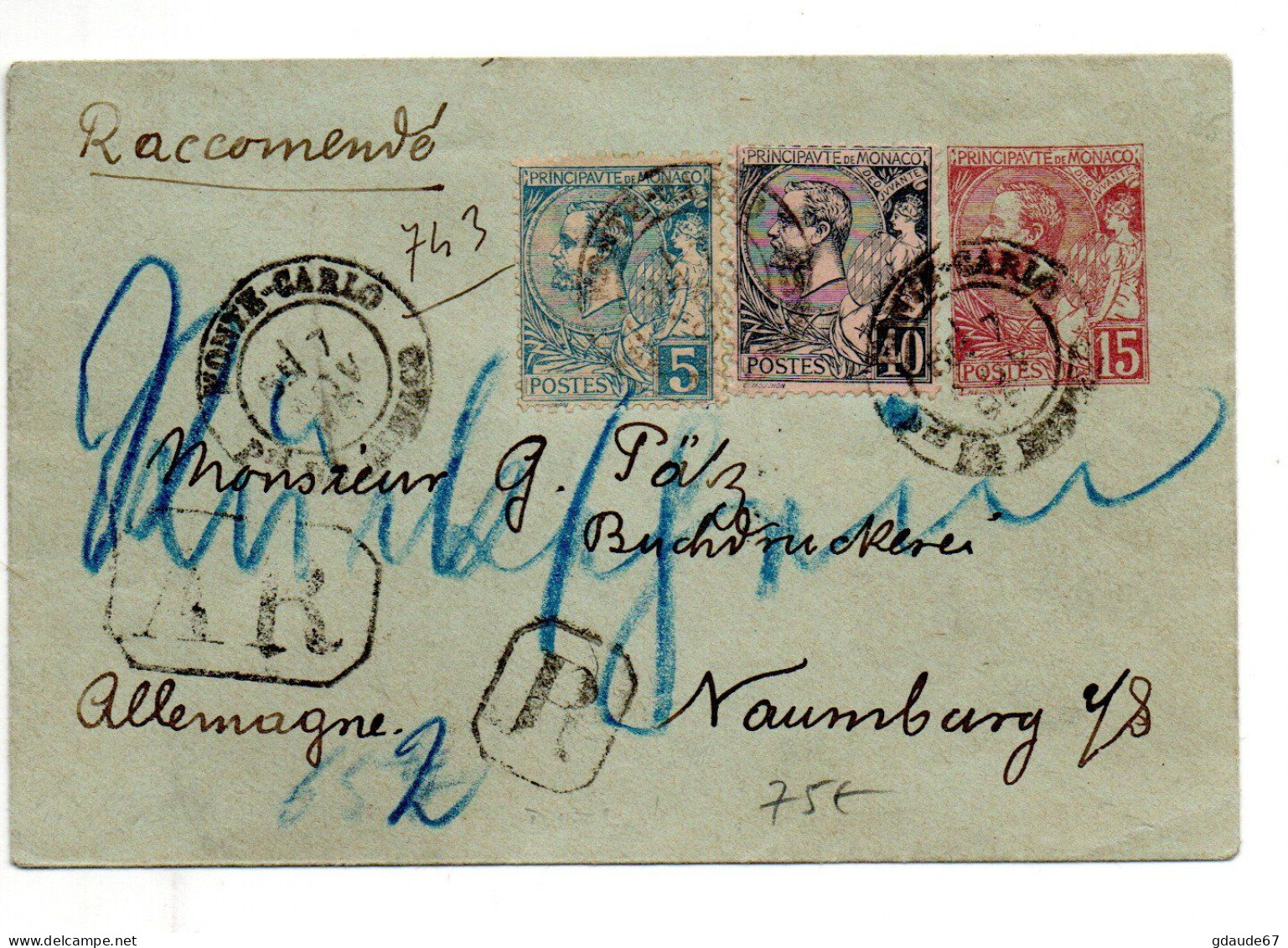 ENVELOPPE ENTIER POSTAL RECOMMANDE Avec COMPLEMENT D'AFFRANCHISSEMENT De MONTE CARLO (MONACO) Pour NAUMBURG (ALLEMAGNE) - Postwaardestukken