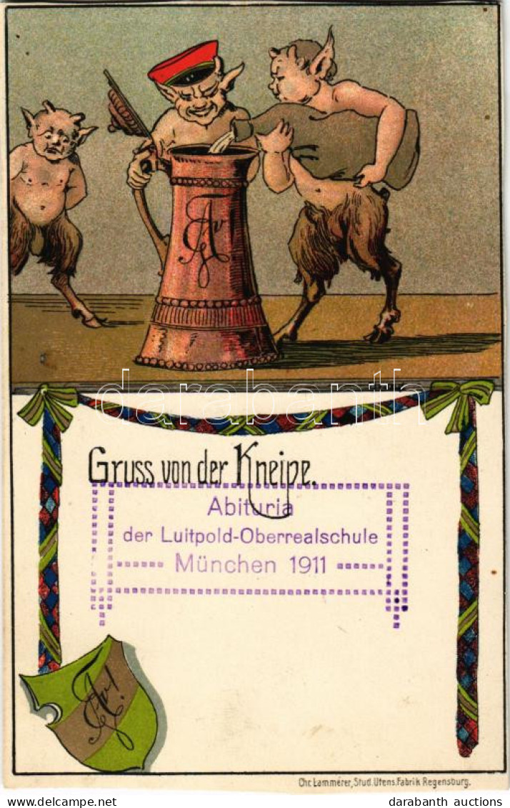 T4 1911 Gruss Von Der Kneipe. Abituria Der Luitpold-Oberrealschule München 1911. / Német Studentika Lap Sörrel / German  - Non Classificati