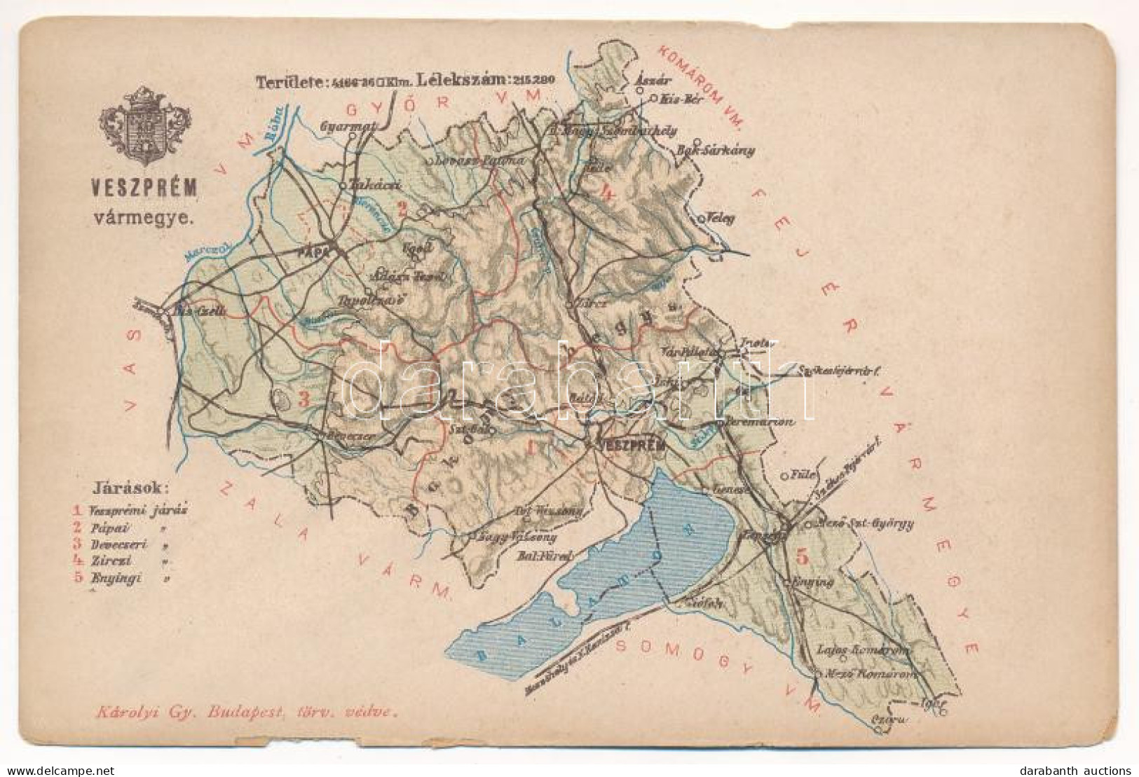 ** T3/T4 Veszprém Vármegye Térképe. Kiadja Károlyi Gy. / Map Of Veszprém County (szakadások / Tears) - Zonder Classificatie