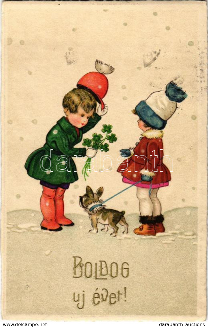 T2/T3 1933 Boldog Újévet / New Year Greeting Art Postcard With Children, Dog And Clovers. ERIKA Nr. 5000. (EK) - Non Classés