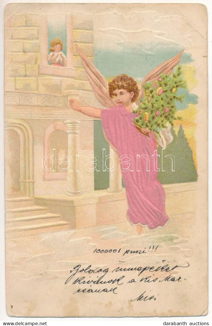 * T4 1900 Karácsonyi üdvözlet - Dombornyomott Litho Selyemlap / Christmas Greeting - Embossed Litho Silk Card (szakadás  - Sin Clasificación