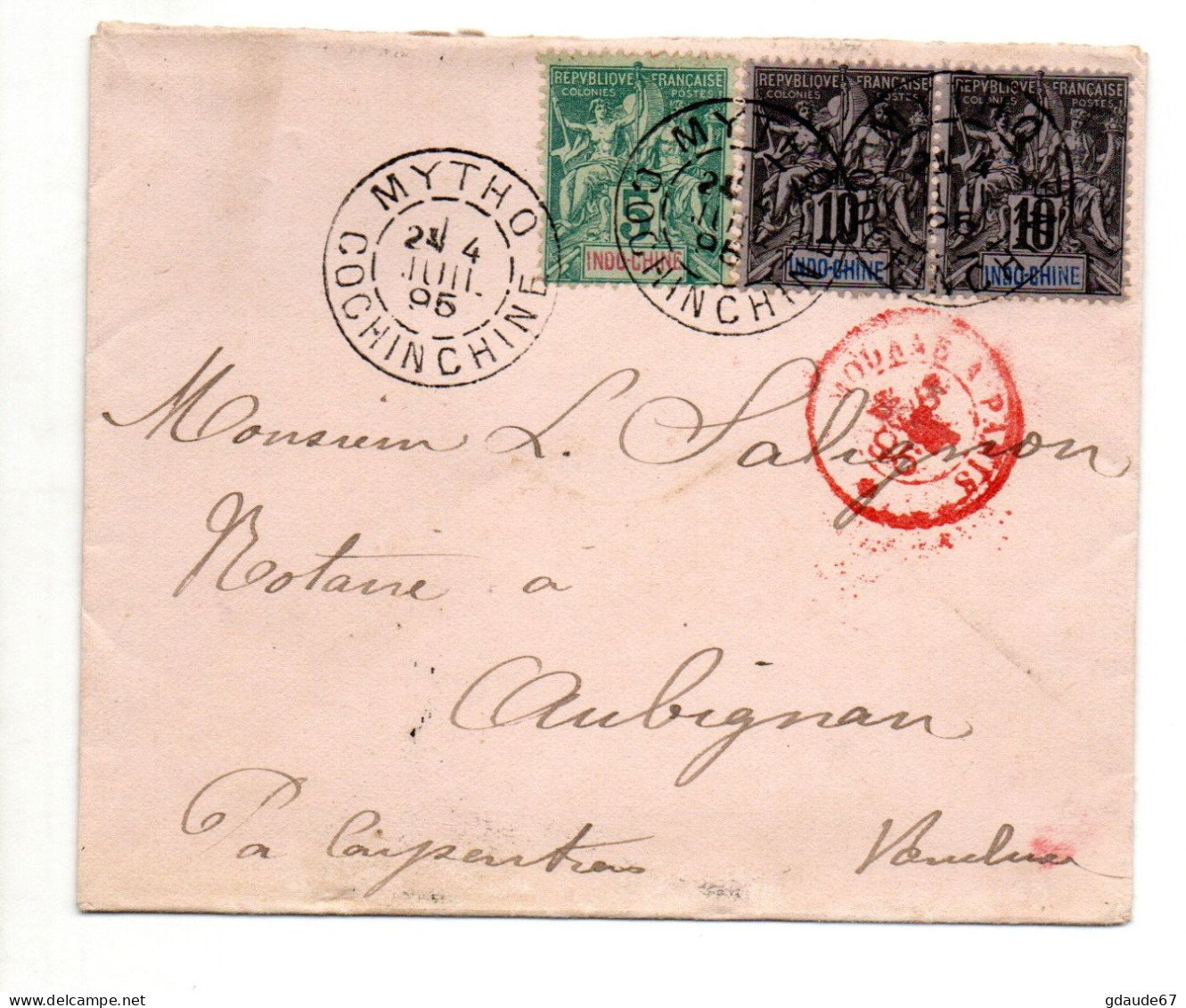 1895 - ENVELOPPE De MYTHO (COCHINCHINE / INDOCHINE) Pour AUBIGNAN (VAUCLUSE) Avec CACHET ROUGE MODANE A PARIS - Brieven En Documenten