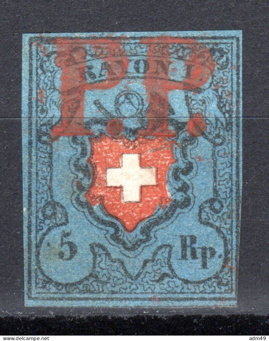 SCHWEIZ, 1850 Rayon I Blau, Mit Kreuzeinfassung, Gestempelt - 1843-1852 Timbres Cantonaux Et  Fédéraux