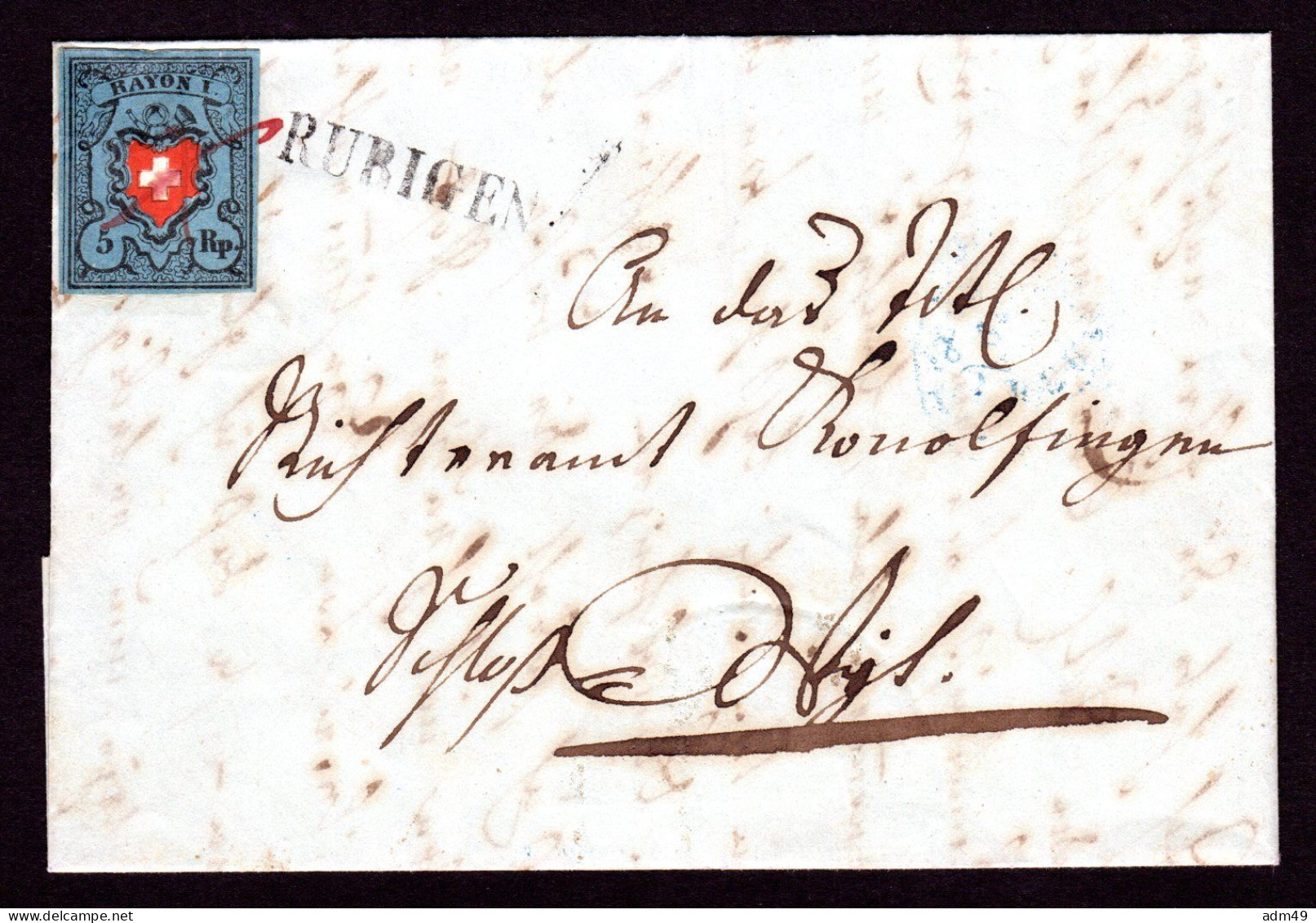 SCHWEIZ, 1850 Rayon I Blau, Mit Kreuzeinfassung, Auf Brief - 1843-1852 Timbres Cantonaux Et  Fédéraux