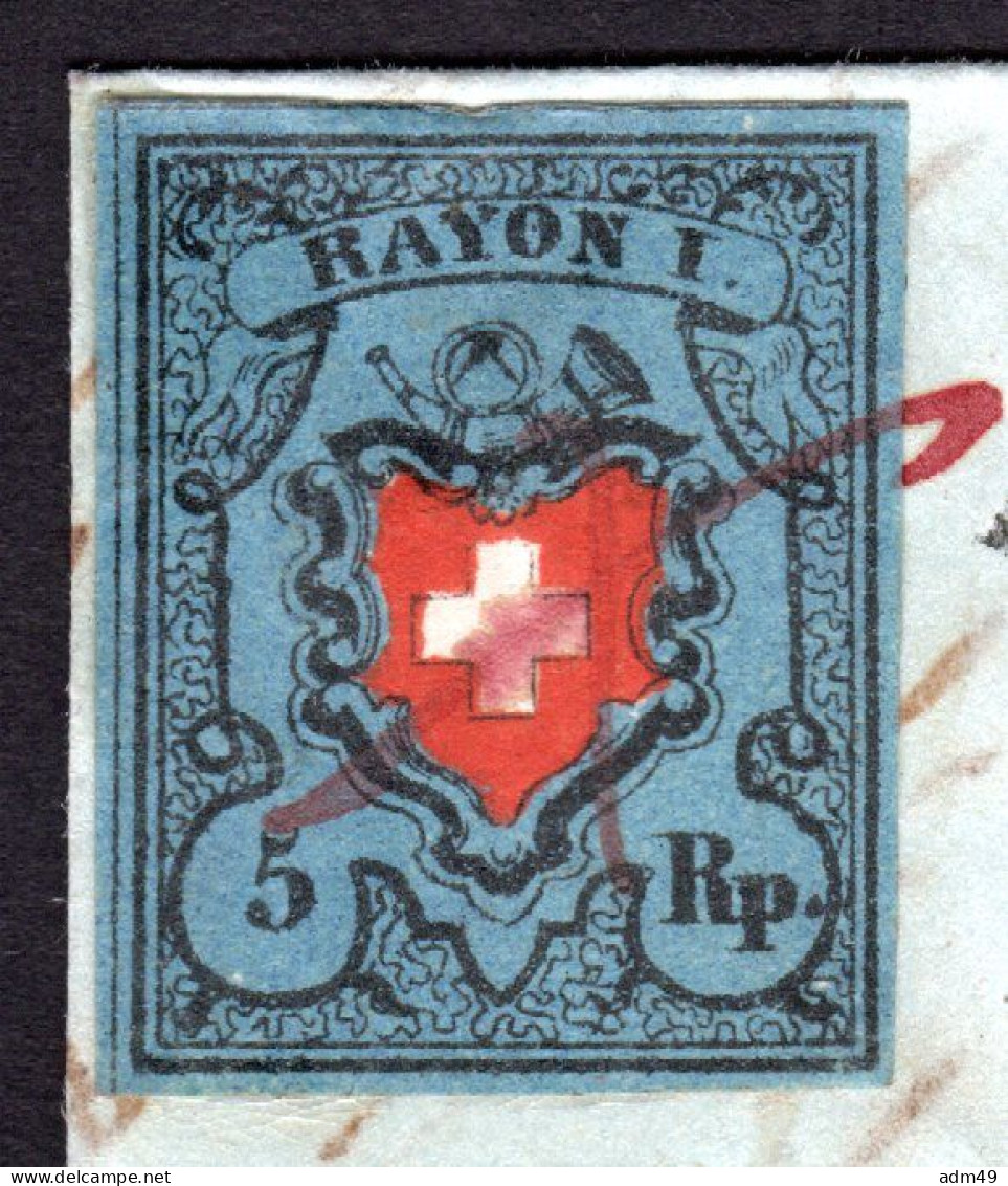 SCHWEIZ, 1850 Rayon I Blau, Mit Kreuzeinfassung, Auf Brief - 1843-1852 Timbres Cantonaux Et  Fédéraux