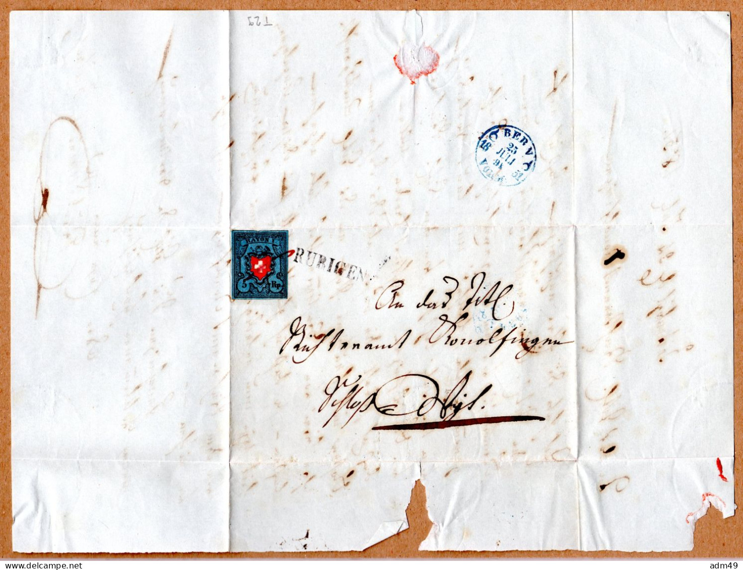 SCHWEIZ, 1850 Rayon I Blau, Mit Kreuzeinfassung, Auf Brief - 1843-1852 Poste Federali E Cantonali