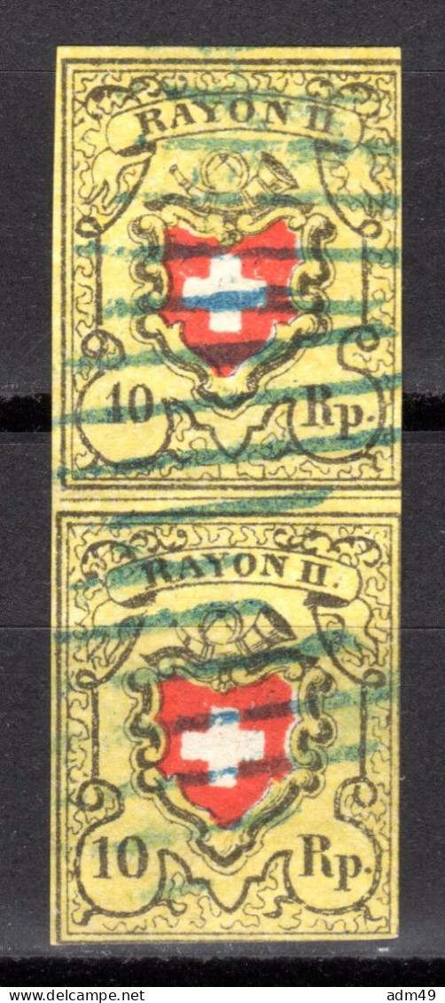 SCHWEIZ, 1850 Rayon II Gelb, Senkrechtes Paar, Gestempelt - 1843-1852 Federale & Kantonnale Postzegels