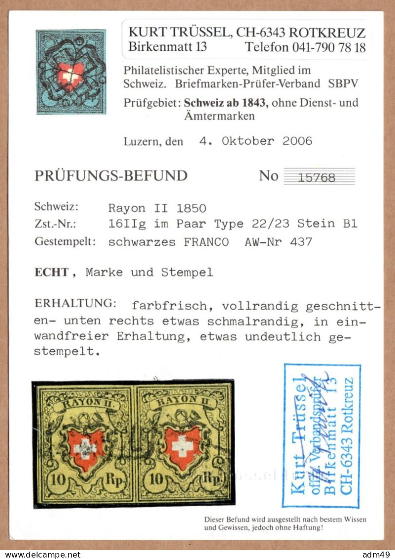 SCHWEIZ, 1850 Rayon II Gelb, Im Paar, Gestempelt - 1843-1852 Federale & Kantonnale Postzegels