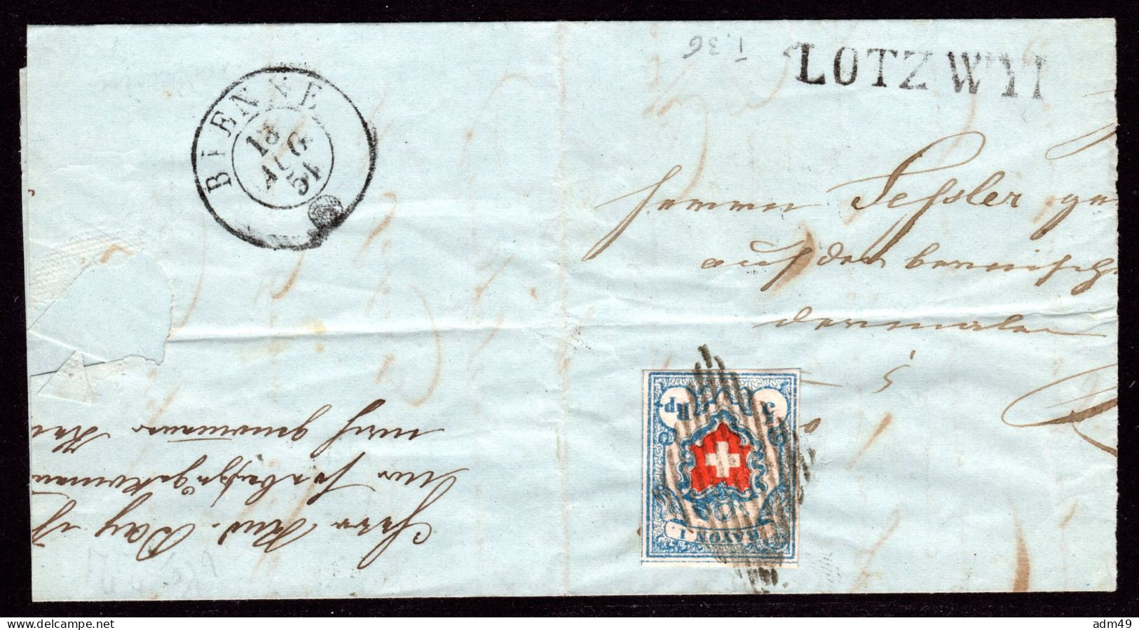SCHWEIZ, 1851 Rayon I Hellblau, Auf Brief - 1843-1852 Federale & Kantonnale Postzegels