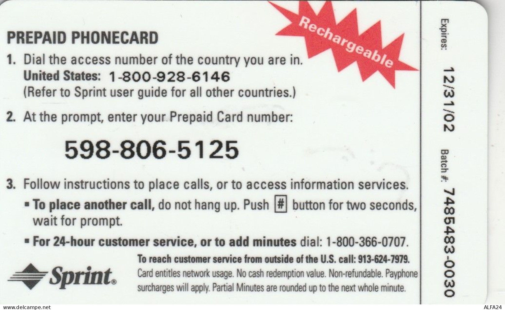 PREPAID PHONE CARD STATI UNITI SPRINT (CK3761 - Sprint