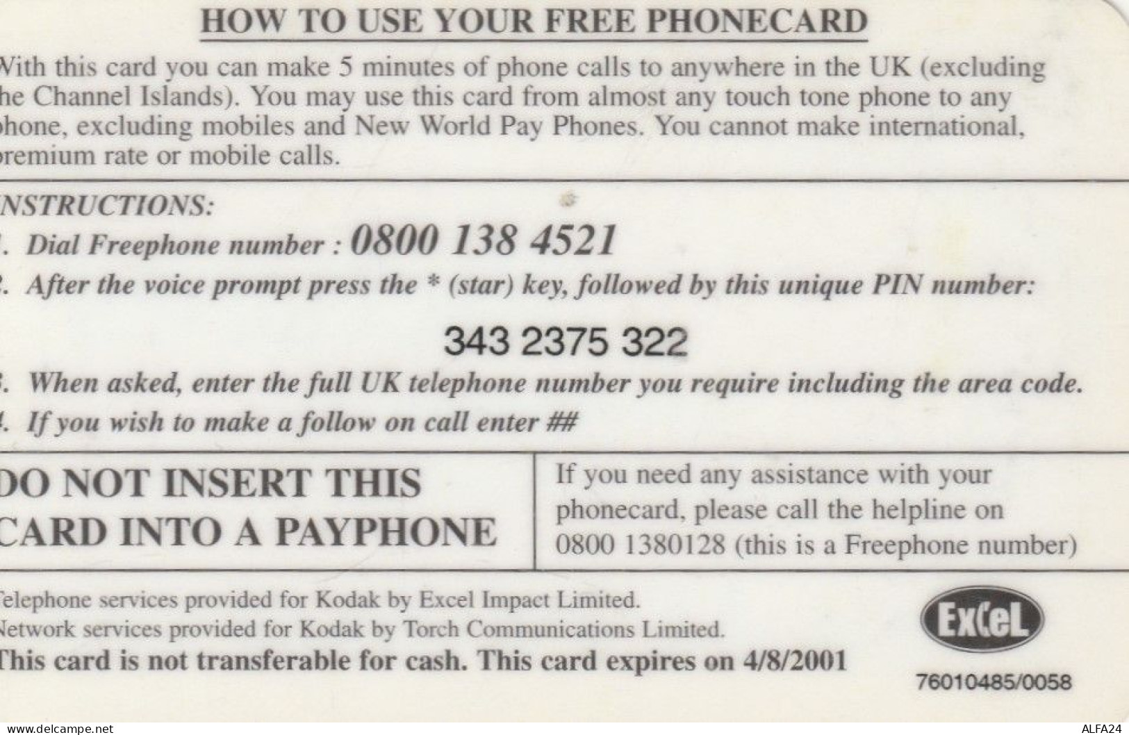 PREPAID PHONE CARD REGNO UNITO KODAK FREE (CK3731 - BT Schede Mondiali (Prepagate)