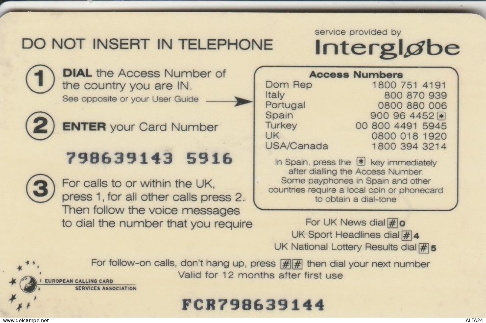 PREPAID PHONE CARD REGNO UNITO INTERGLOBE (CK3721 - BT Allgemein (Prepaid)