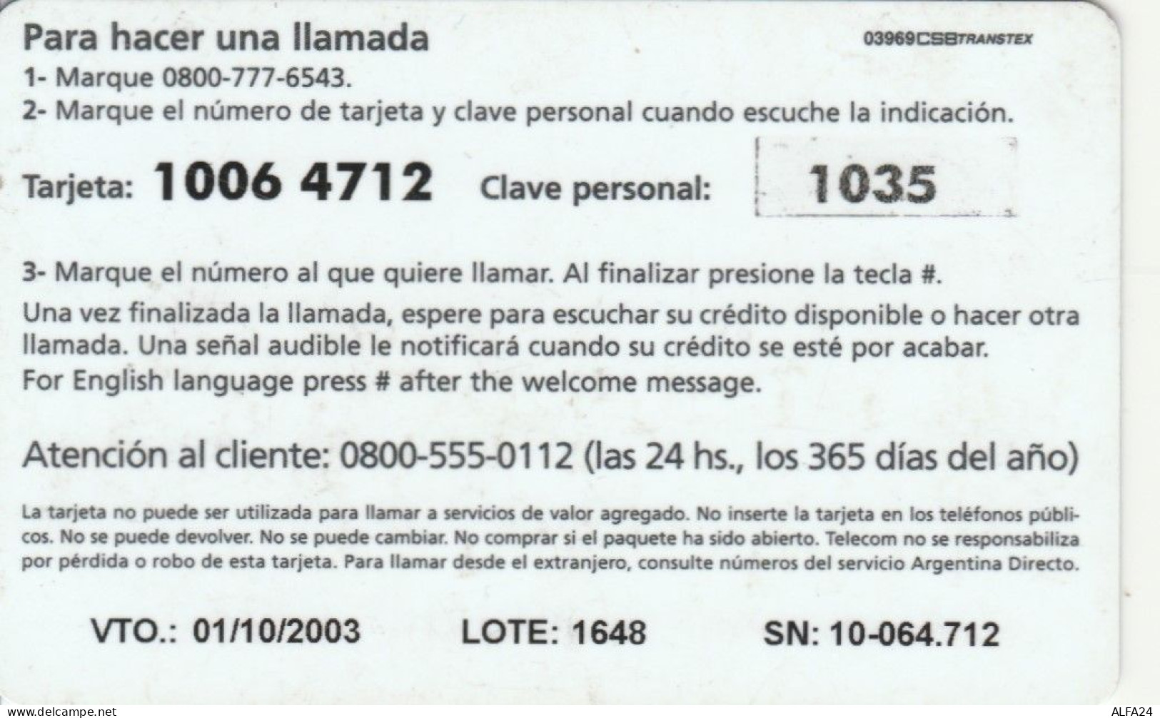 PREPAID PHONE CARD ARGENTINA (CK3509 - Argentine