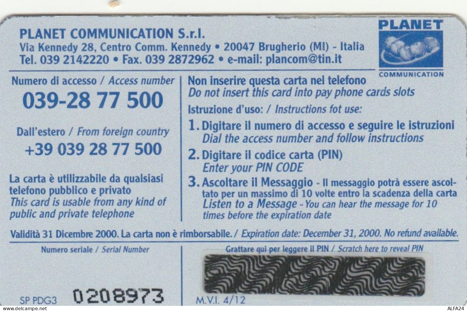 PREPAID PHONE CARD ITALIA PLANET (CK3272 - Schede GSM, Prepagate & Ricariche