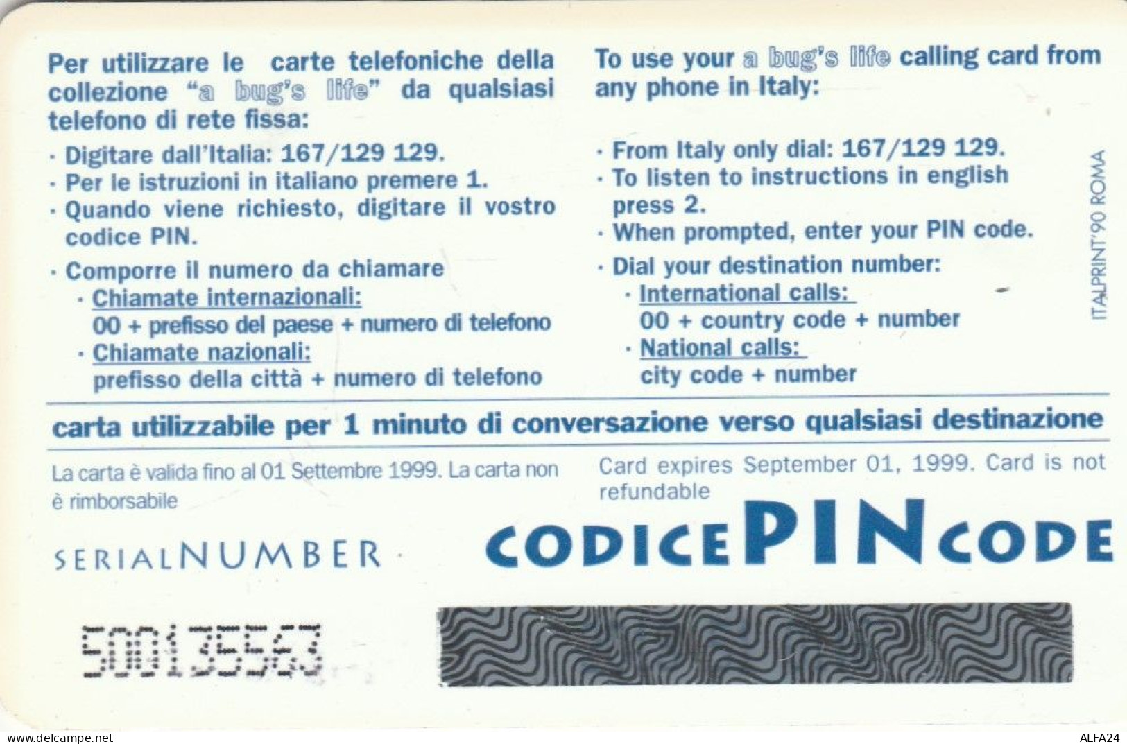 PREPAID PHONE CARD ITALIA BUGS LIFE RLSCOM (CK3210 - Schede GSM, Prepagate & Ricariche