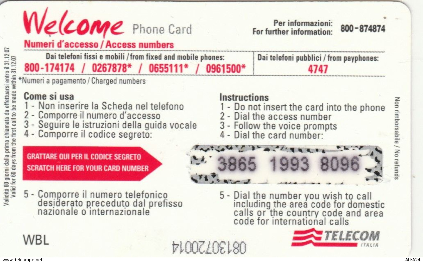 PREPAID PHONE CARD ITALIA WELCOME WBL (CK3221 - Schede GSM, Prepagate & Ricariche