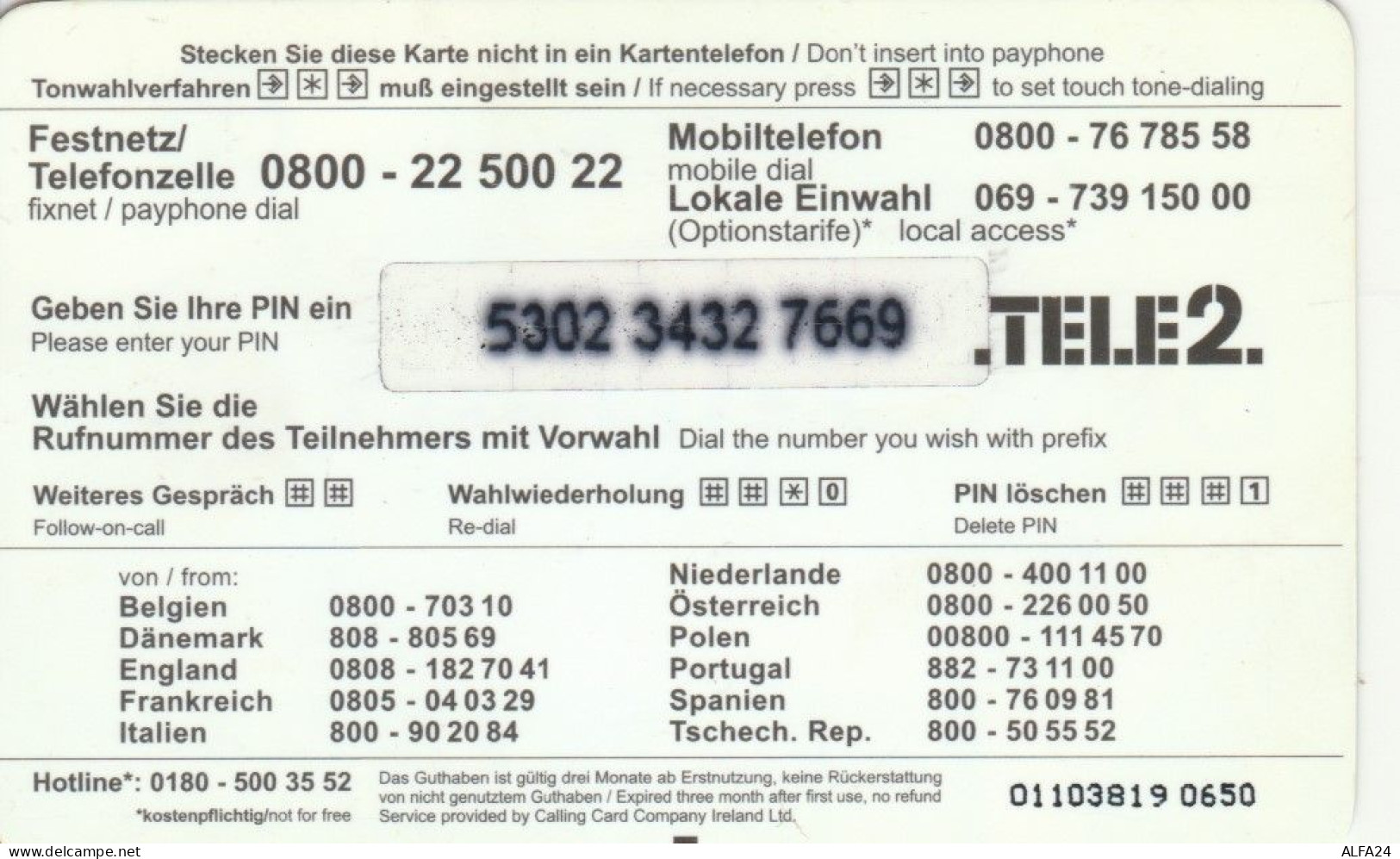 PREPAID PHONE CARD GERMANIA TELE2 (CK3069 - [2] Prepaid