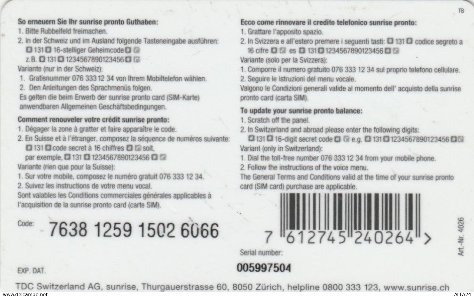 PREPAID PHONE CARD SVIZZERA (CK4270 - Suisse