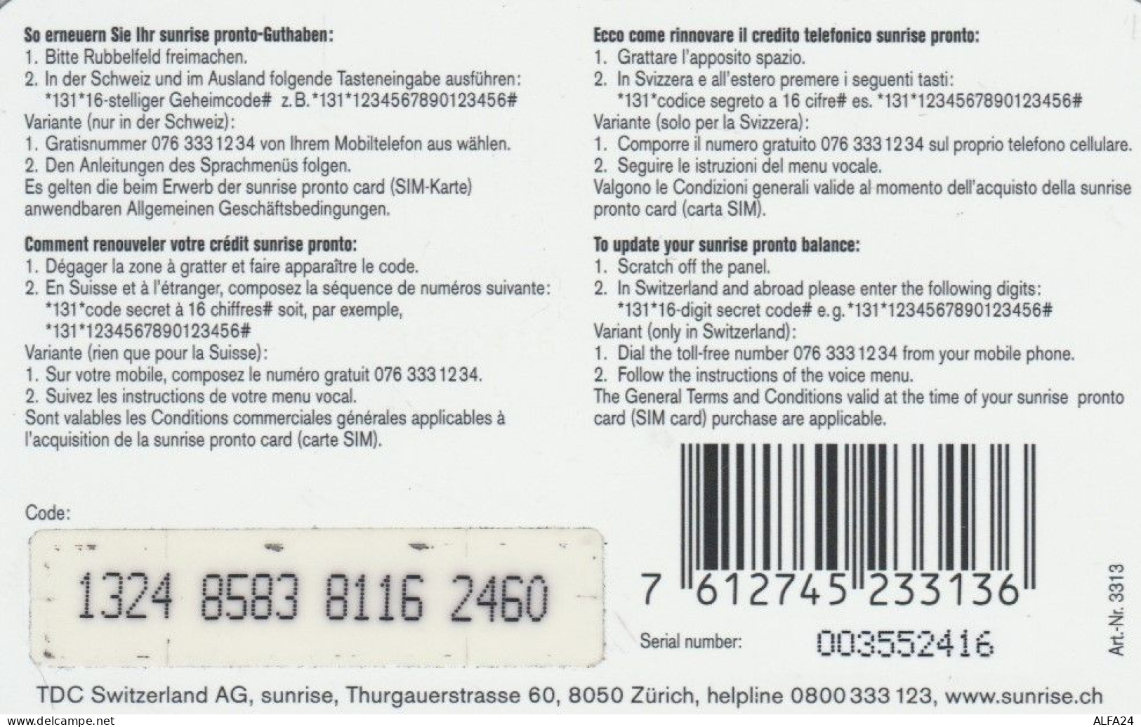 PREPAID PHONE CARD SVIZZERA (CK4247 - Suisse