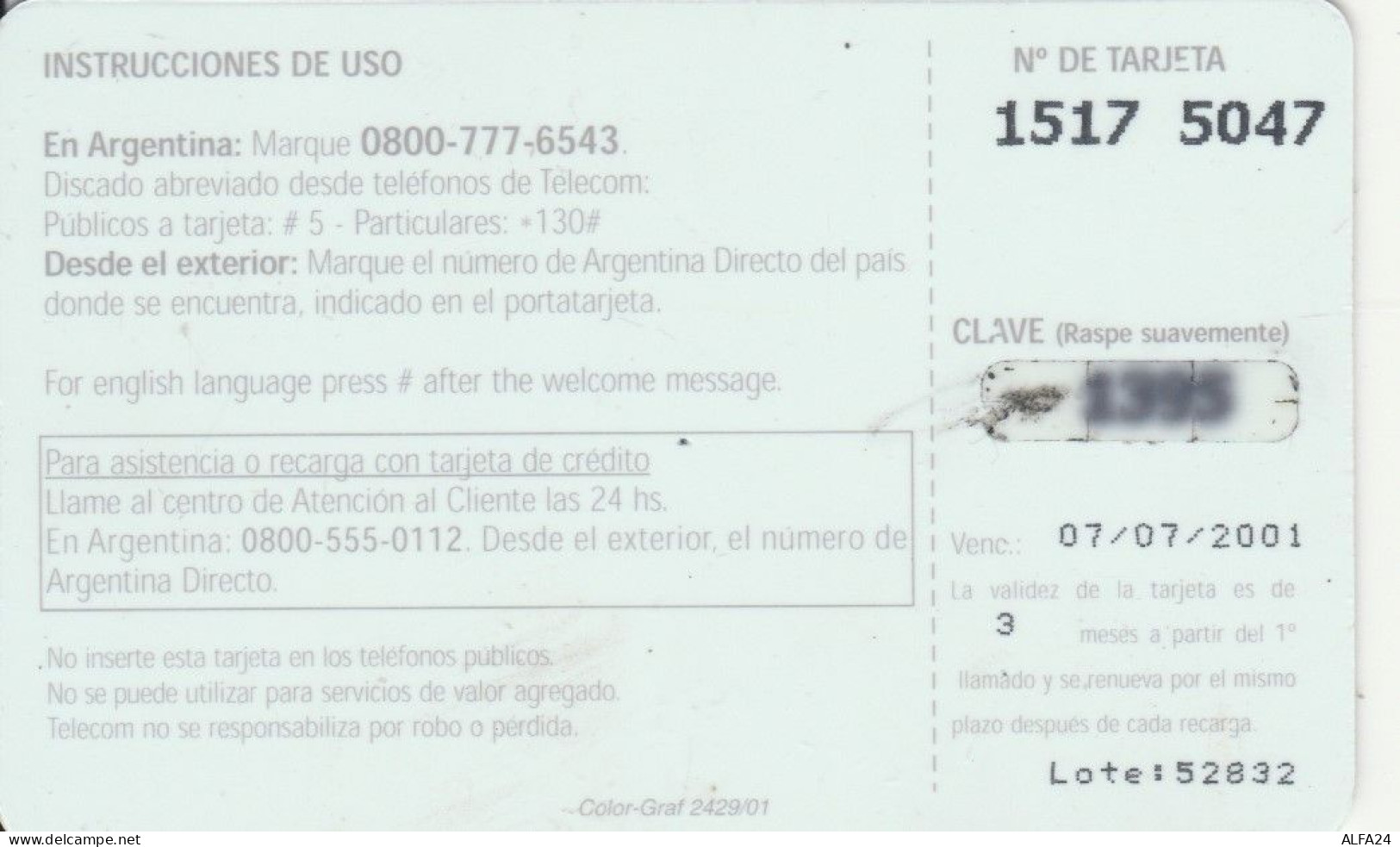 PREPAID PHONE CARD ARGENTINA (CK4189 - Argentine