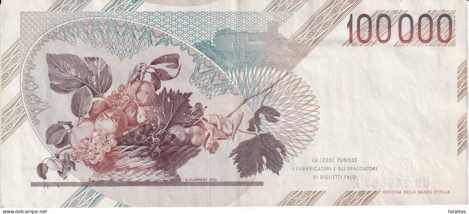 BILLETE DE ITALIA DE 100000 LIRAS DEL AÑO 1983 SERIE HB DE CARAVAGGIO CALIDAD EBC (XF) (BANKNOTE-BANK NOTE) - 100000 Liras