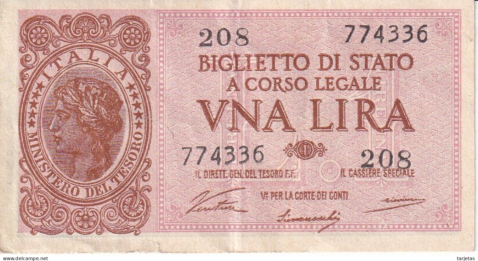 BILLETE DE ITALIA DE 1 LIRA  BIGLIETO DI STATO DEL AÑO 1944  (BANKNOTE) - Italië – 1 Lira