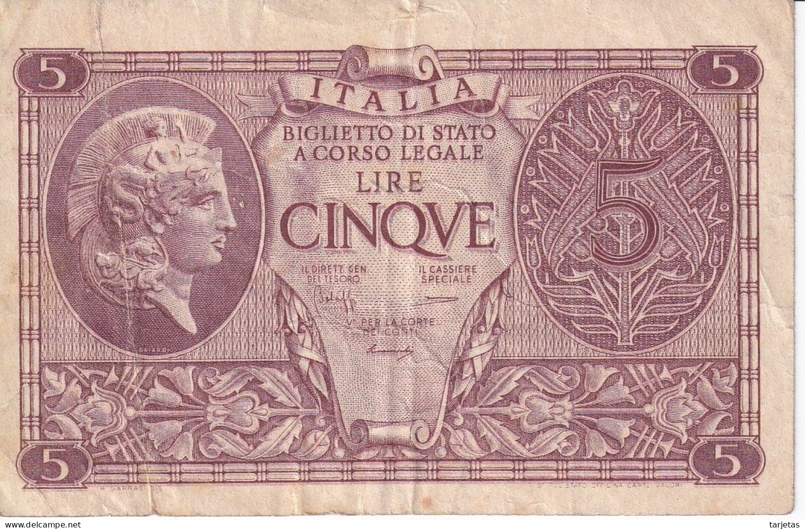 BILLETE DE ITALIA DE 5 LIRE  BIGLIETO DI STATO DEL AÑO 1944 (BANKNOTE) - Italië– 5 Lire