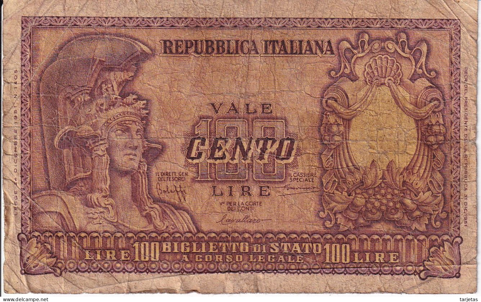 BILLETE DE ITALIA DE 100 LIRAS DEL AÑO 1951  (BANKNOTE) - 100 Liras