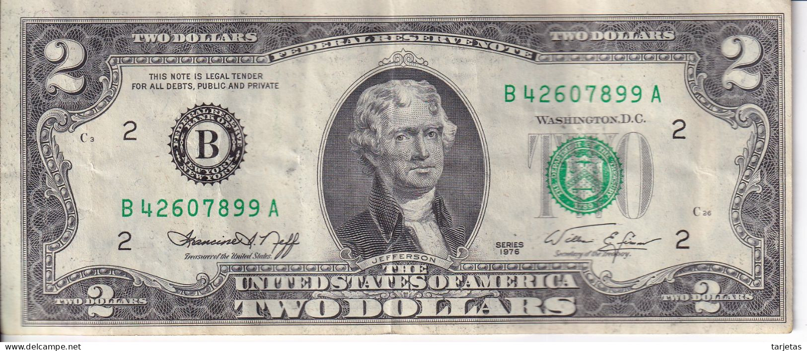 BILLETE DE ESTADOS UNIDOS DE 2 DOLLARS DEL AÑO 1976 LETRA B - NEW YORK  (BANK NOTE) - Federal Reserve Notes (1928-...)