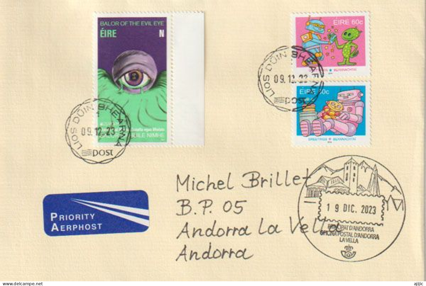 'Eye' Of The Balor ( Irish Mythology) Letter 2023 Ireland To Andorra, With Illustrated Arrival Andorra Postmark - Lettres & Documents