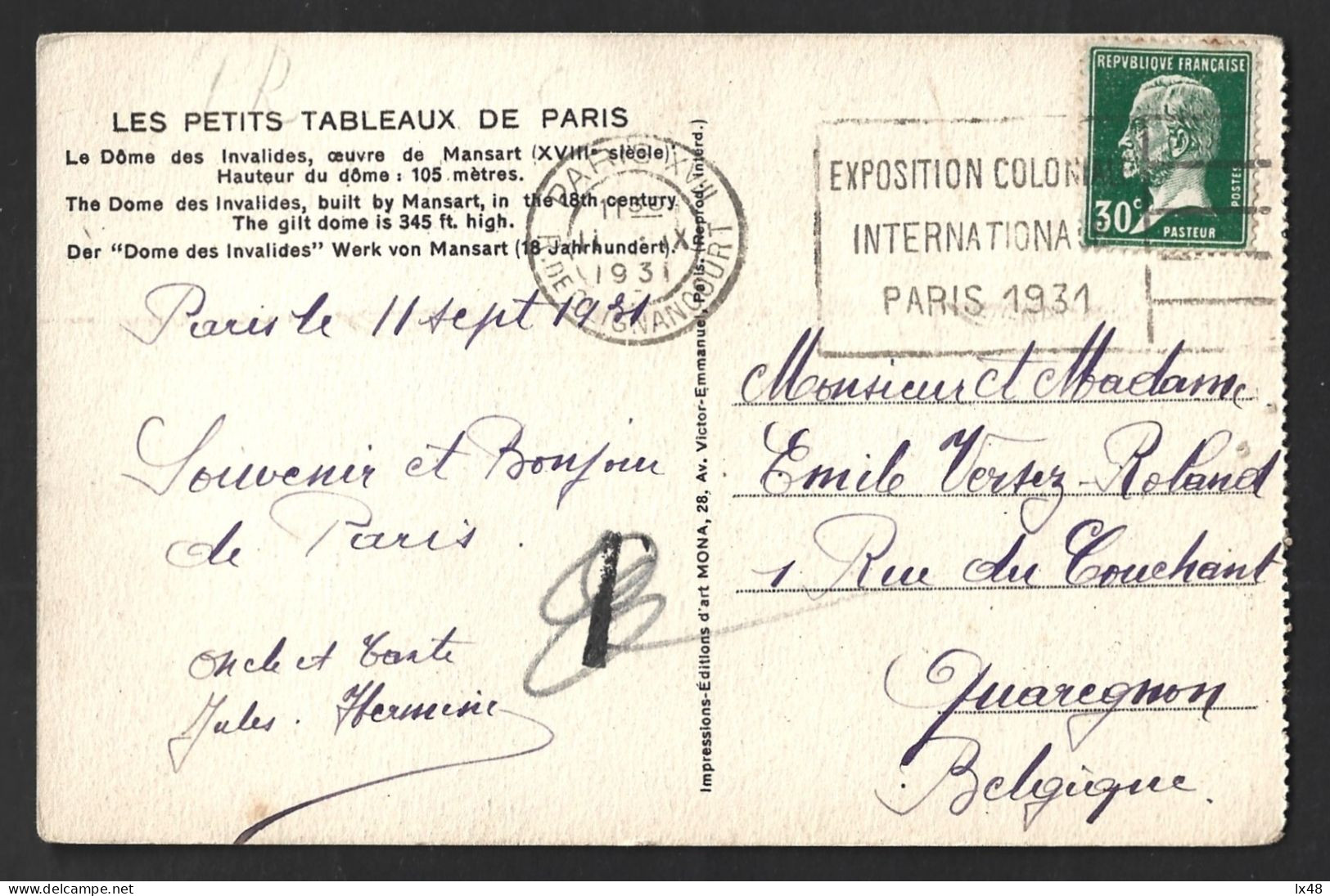 Postcard Of Invalids, Paris With Pasteur Stamp And Obliteration Of 1931 Paris International Colonial Exhibition. Rare - Autres & Non Classés