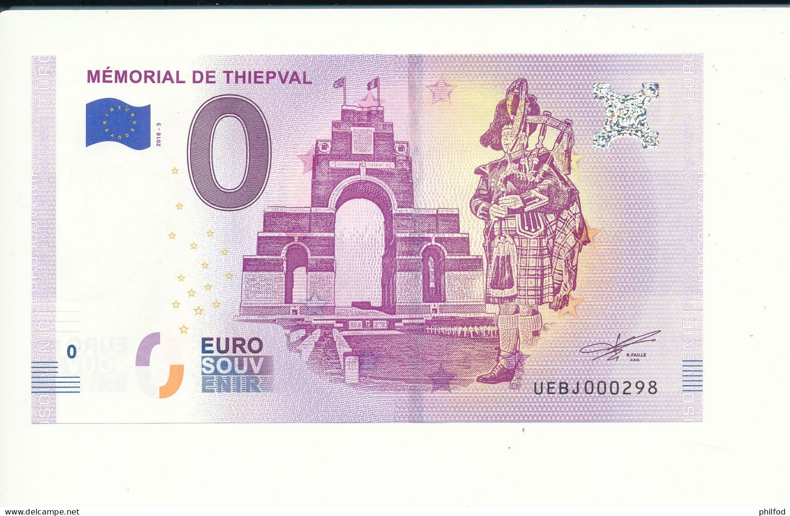 Billet Souvenir - 0 Euro - UEBJ - 2018-3 - MÉMORIAL DE THIEPVAL - N°  298 - Billet épuisé - Prove Private